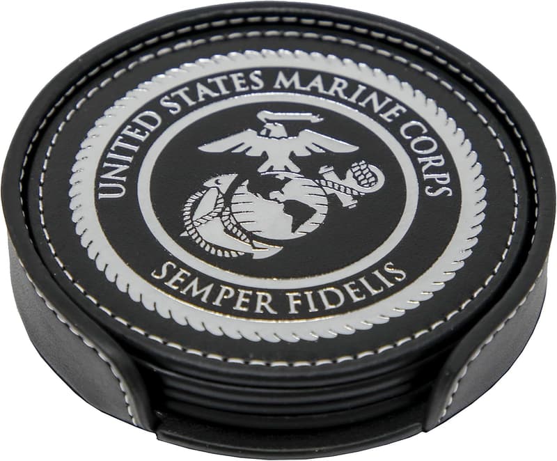 USMC Leather Coaster Set - 4 Premium Coasters with EGA Logo