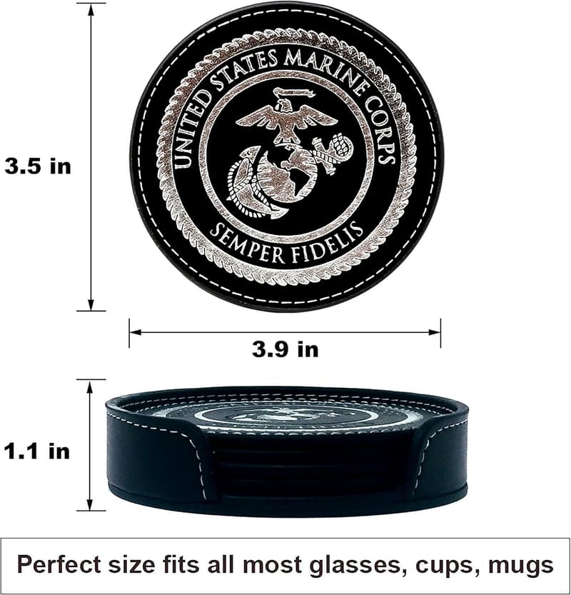 USMC Leather Coaster Set - 4 Premium Coasters with EGA Logo