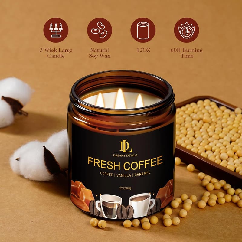 Large Fresh Coffee Scented Candle, 12oz - Long Lasting 3 Wick