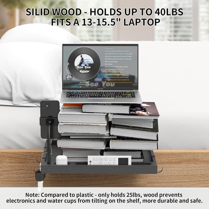 Bamboo Bedside Shelf Organizer with Phone Holder