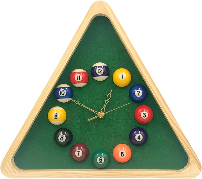 Billiards Wall Clock - 14-Inch Triangle Design with Wood Frame