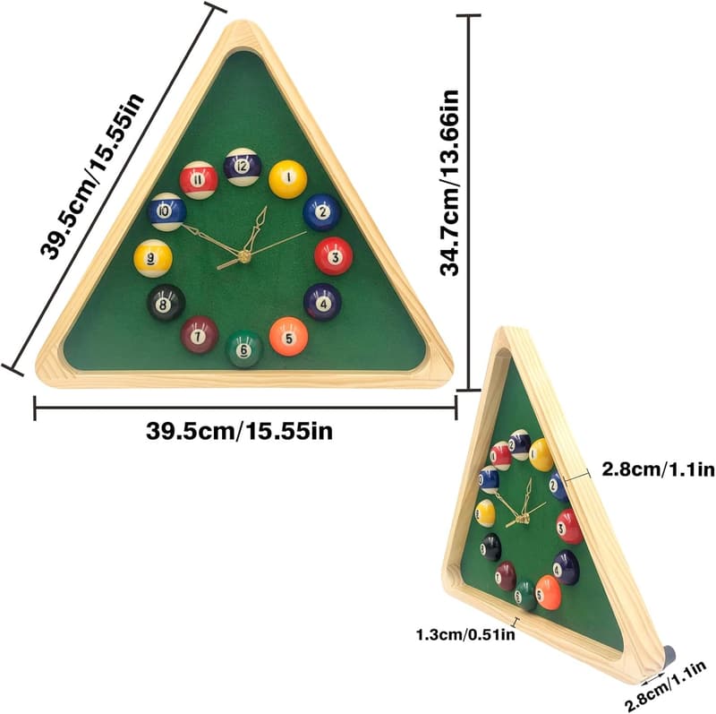 Billiards Wall Clock - 14-Inch Triangle Design with Wood Frame