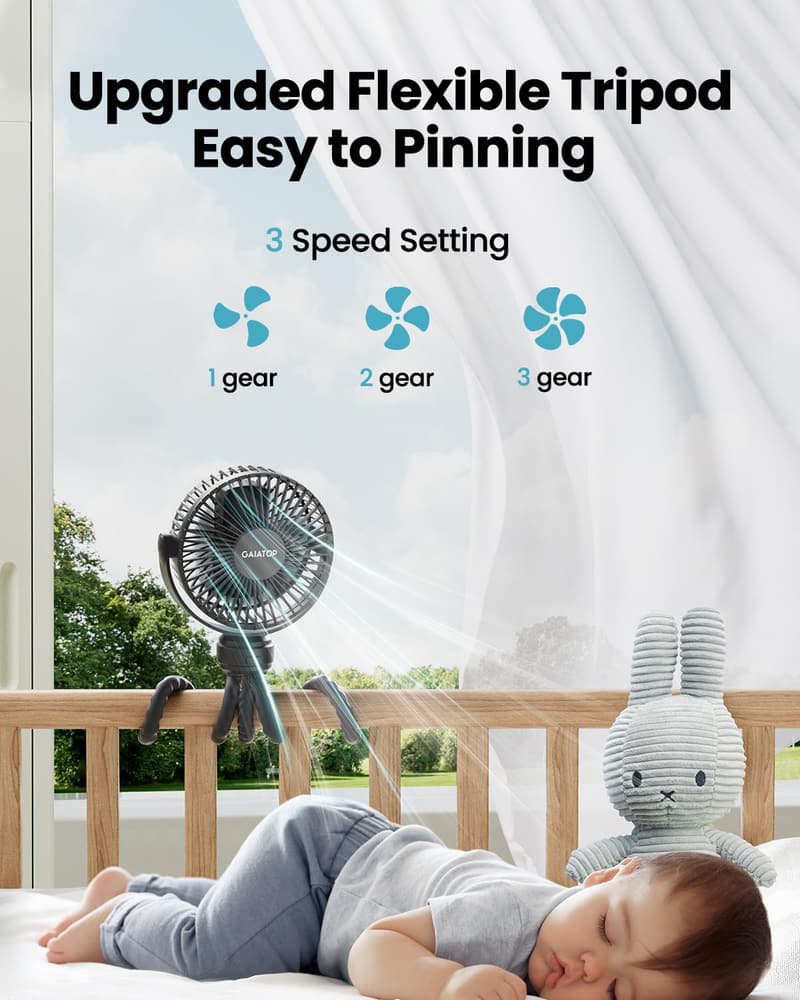 Portable Battery-Operated Stroller Fan with 360° Flexibility
