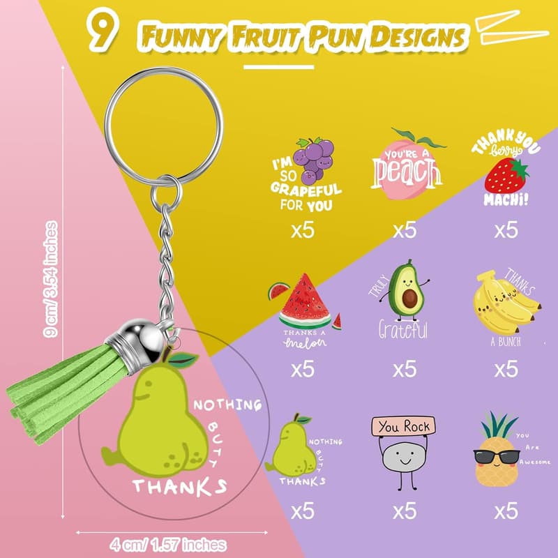 Employee Appreciation Keychains - 45 Pcs Acrylic Fruit Pun Set