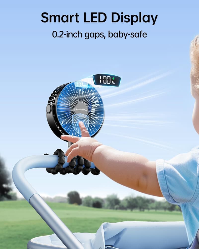 Portable Baby Stroller Fan - 4-Speed Rechargeable Clip-On
