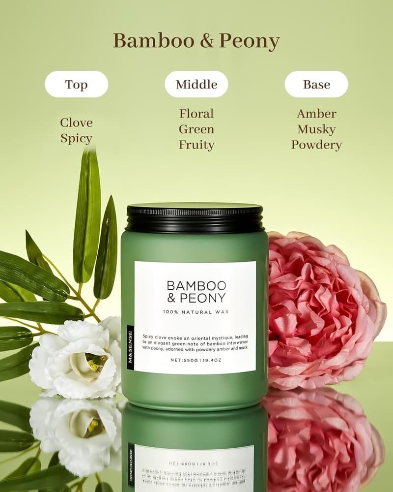 Bamboo Peony Scented Soy Candle for Women - 19.4 oz, 110 Hour Burn