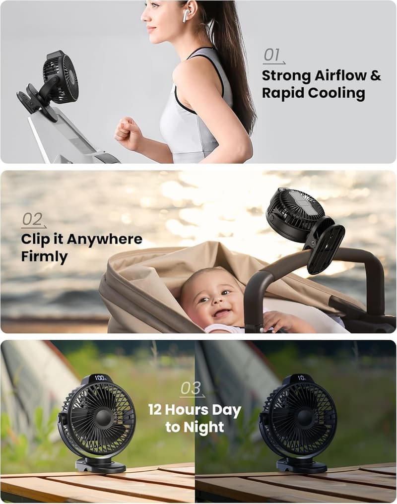Rechargeable Portable Clip-On Fan with LED Display