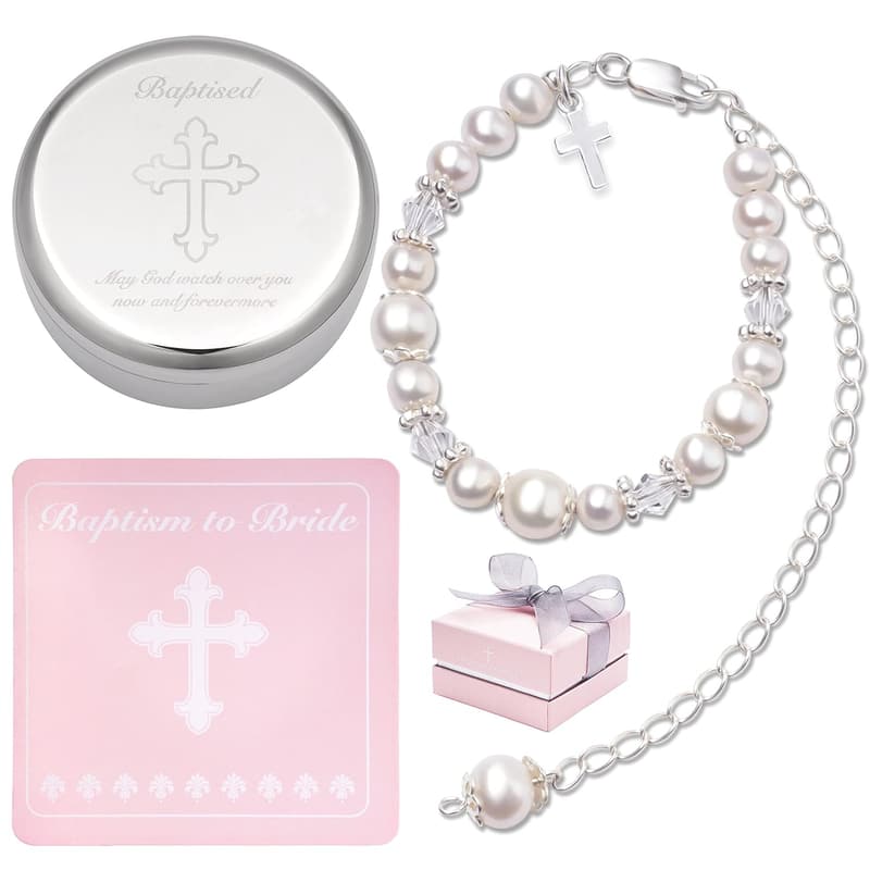 Sterling Silver Baptism Bracelet with Cultured Pearls for Girls