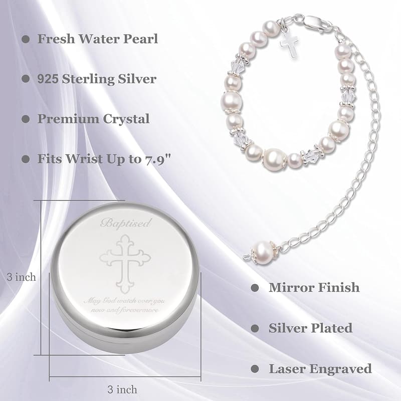Sterling Silver Baptism Bracelet with Cultured Pearls for Girls