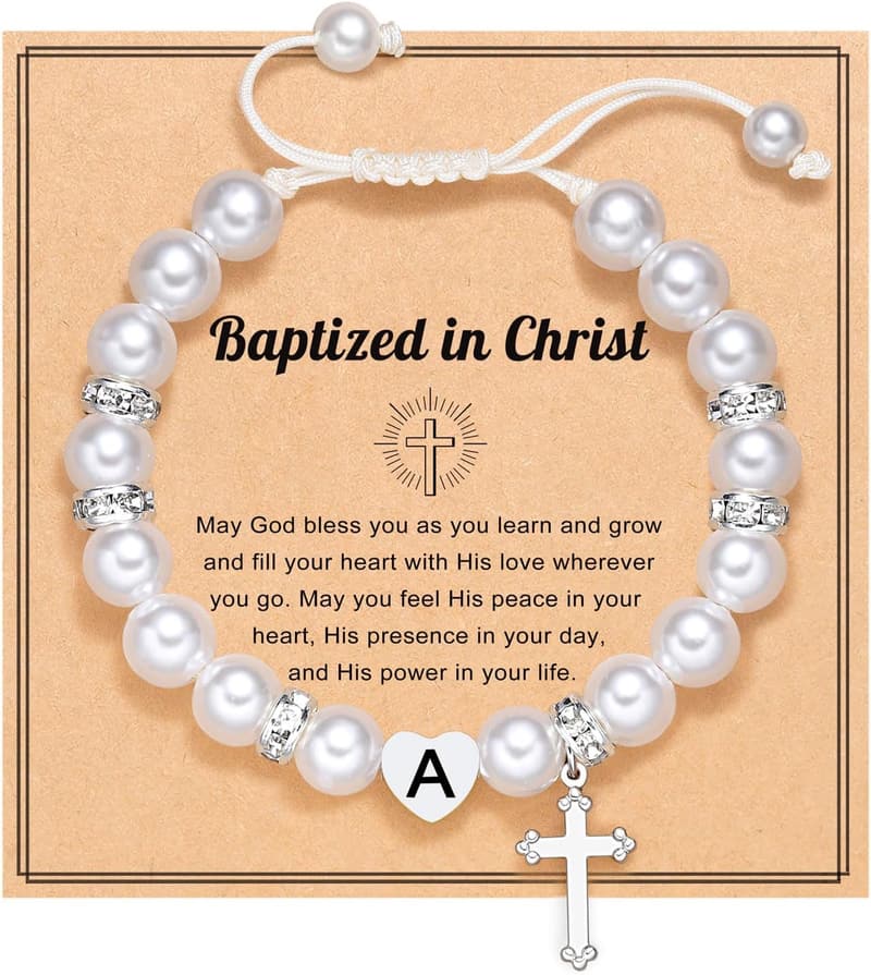 Baptism Charm Bracelet with Initial Heart Cross for Girls