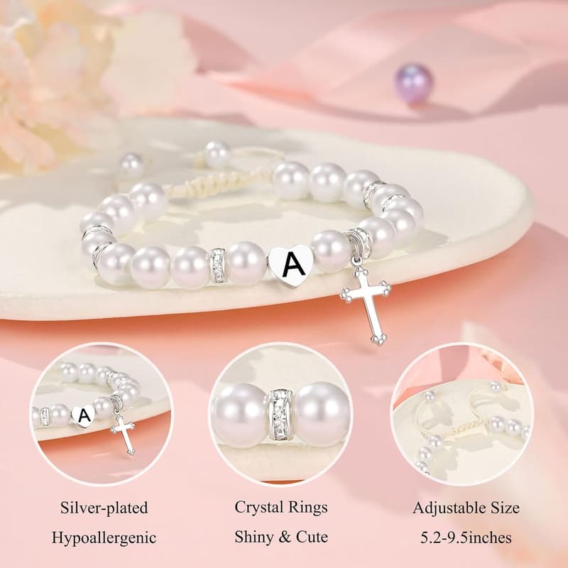 Baptism Charm Bracelet with Initial Heart Cross for Girls