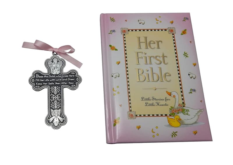Baby Girl's First Bible with Pewter Baptism Guardian Angel Cross
