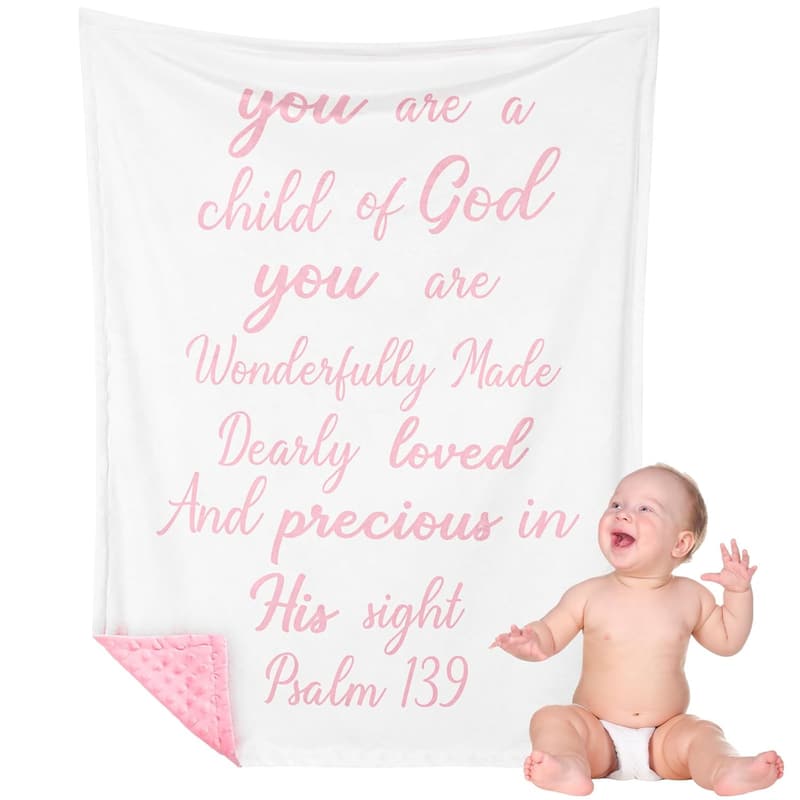 Baptism Baby Blanket with Scripture for Newborns (Pink/White)