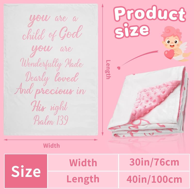 Baptism Baby Blanket with Scripture for Newborns (Pink/White)