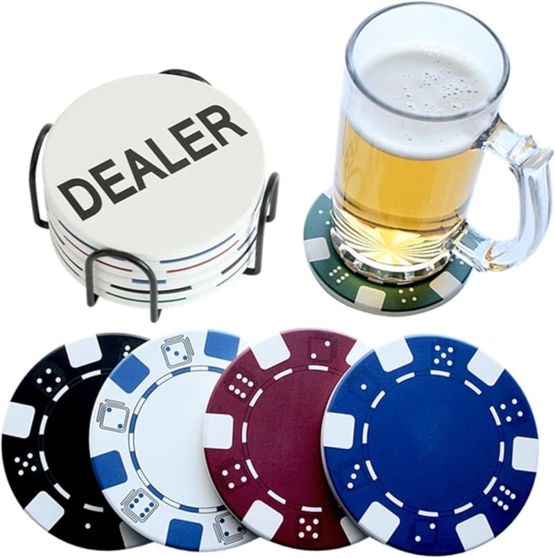 Casino-Themed Drink Coasters with Holder - Great for Men