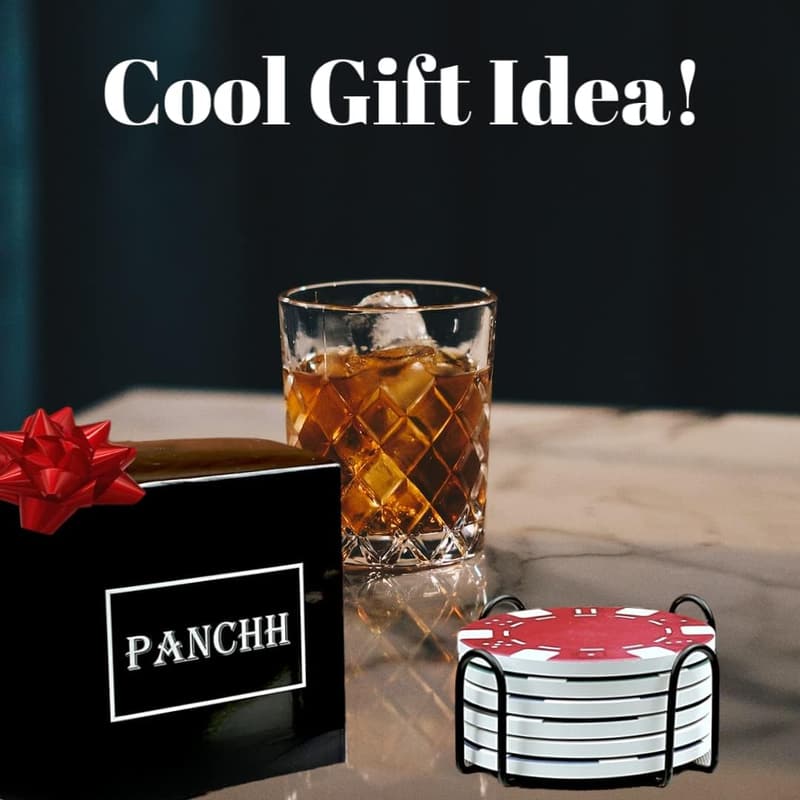 Casino-Themed Drink Coasters with Holder - Great for Men
