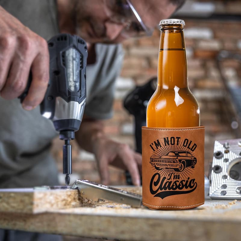 Classic Leather Can Cooler Sleeve - Perfect for Dad's Birthday