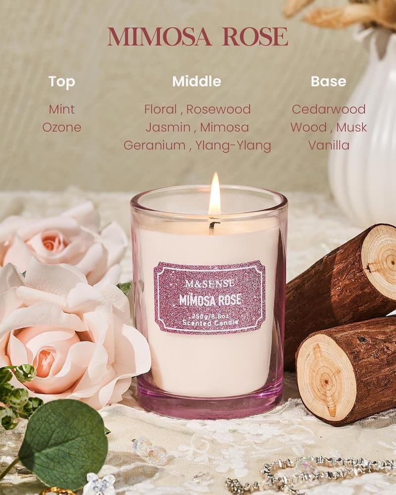 Rose Scented Soy Candle Gift for Women - 8.8 oz Glitter Jar