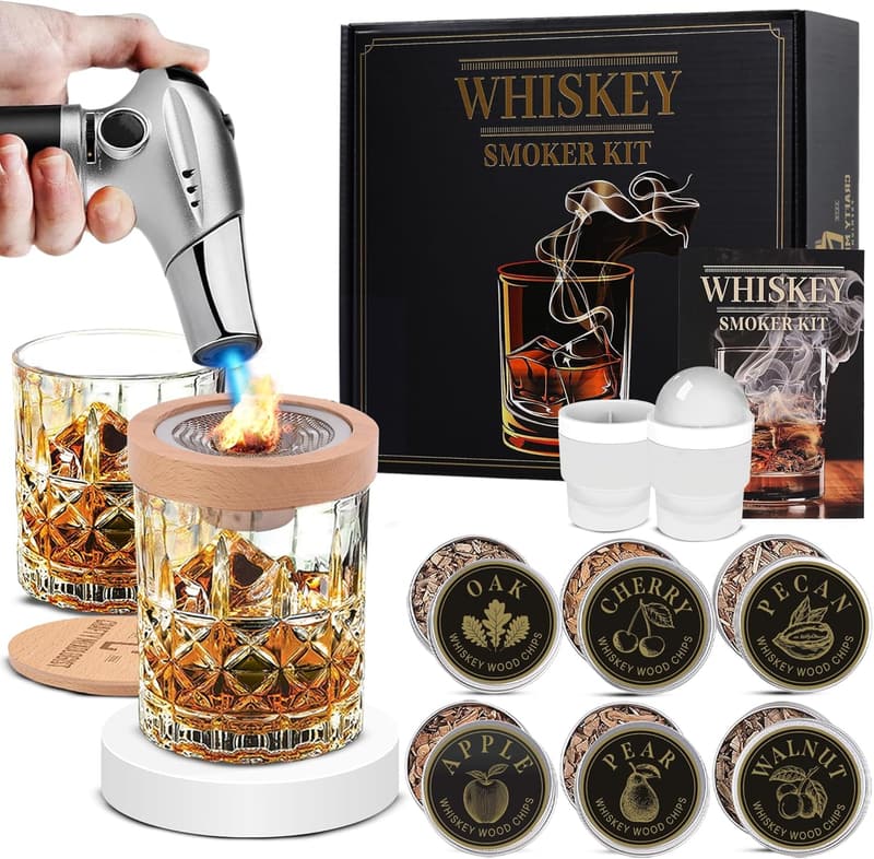 Whiskey Smoker Kit Gift Set for Dad – Includes Torch, 2 Glasses & Wood Chips
