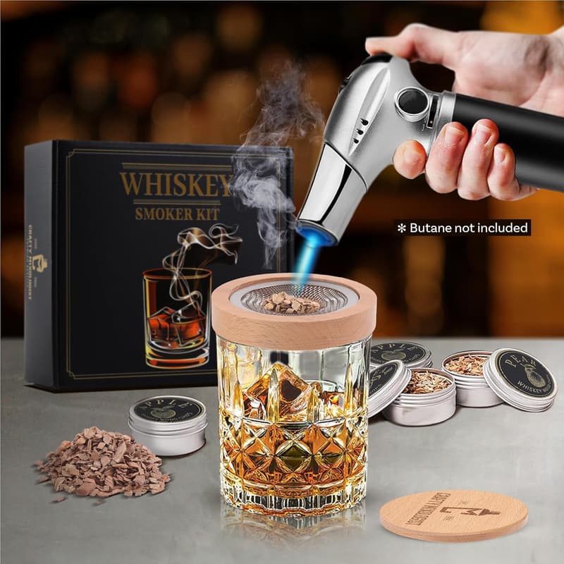 Whiskey Smoker Kit Gift Set for Dad – Includes Torch, 2 Glasses & Wood Chips