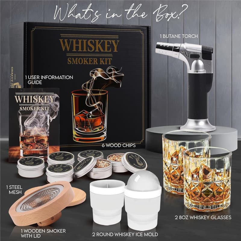 Whiskey Smoker Kit Gift Set for Dad – Includes Torch, 2 Glasses & Wood Chips