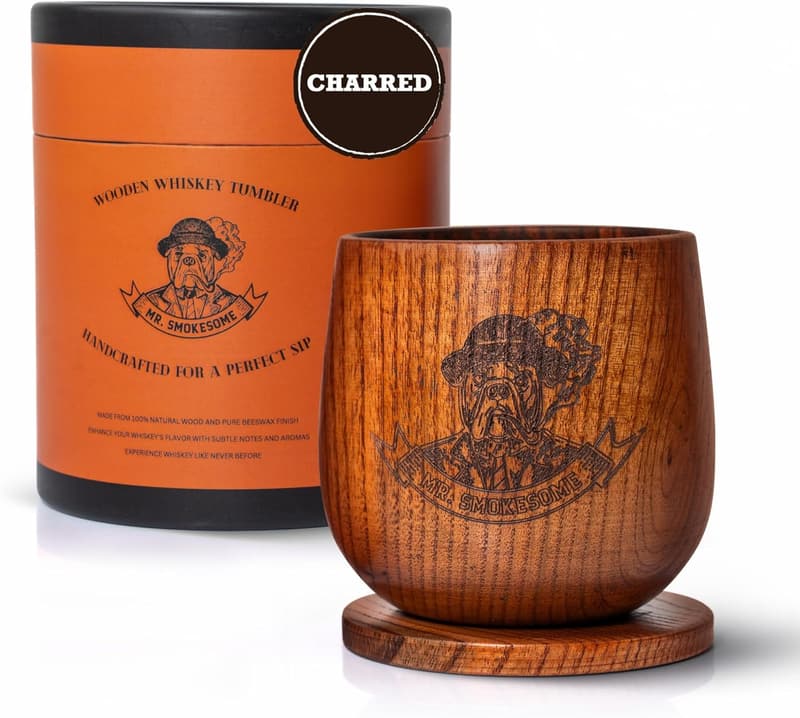 Whiskey Gift Set: Charred Wooden Bourbon Glasses with Coasters