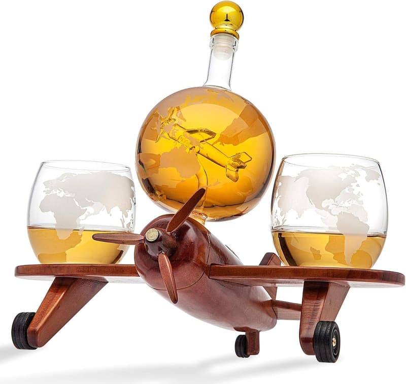 Airplane Globe Whiskey Decanter Set with 2 Glasses