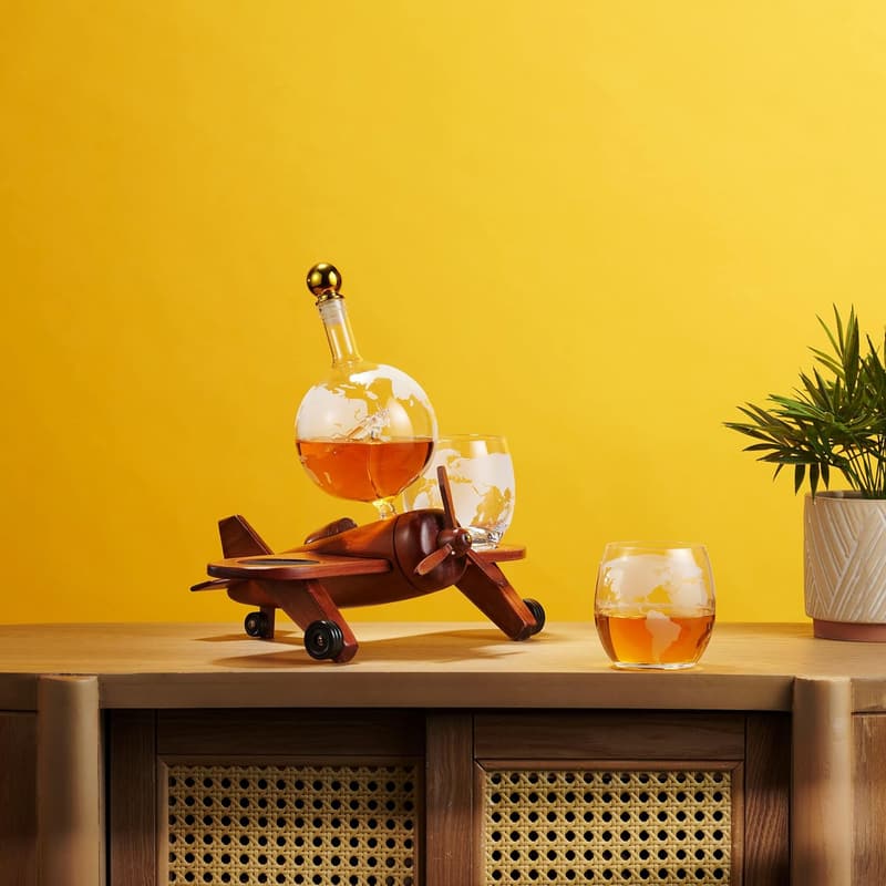 Airplane Globe Whiskey Decanter Set with 2 Glasses