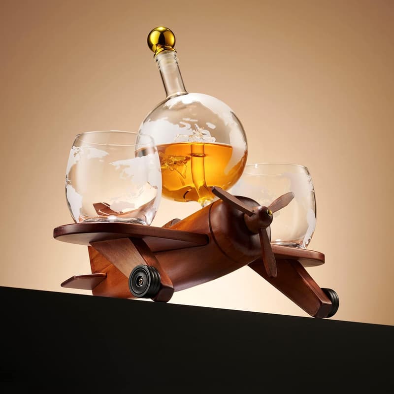 Airplane Globe Whiskey Decanter Set with 2 Glasses