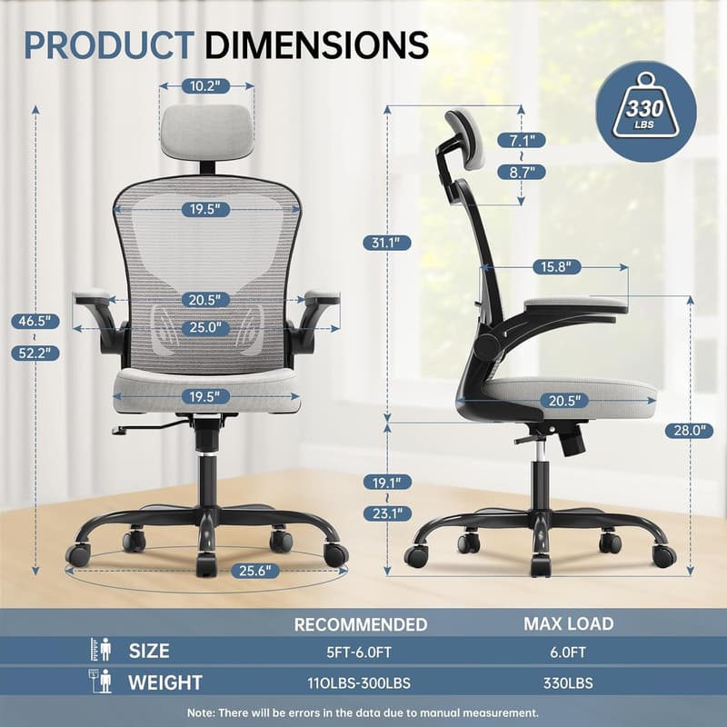 Ergonomic Office Chair, 330LBS Capacity, High Back, Black Grey