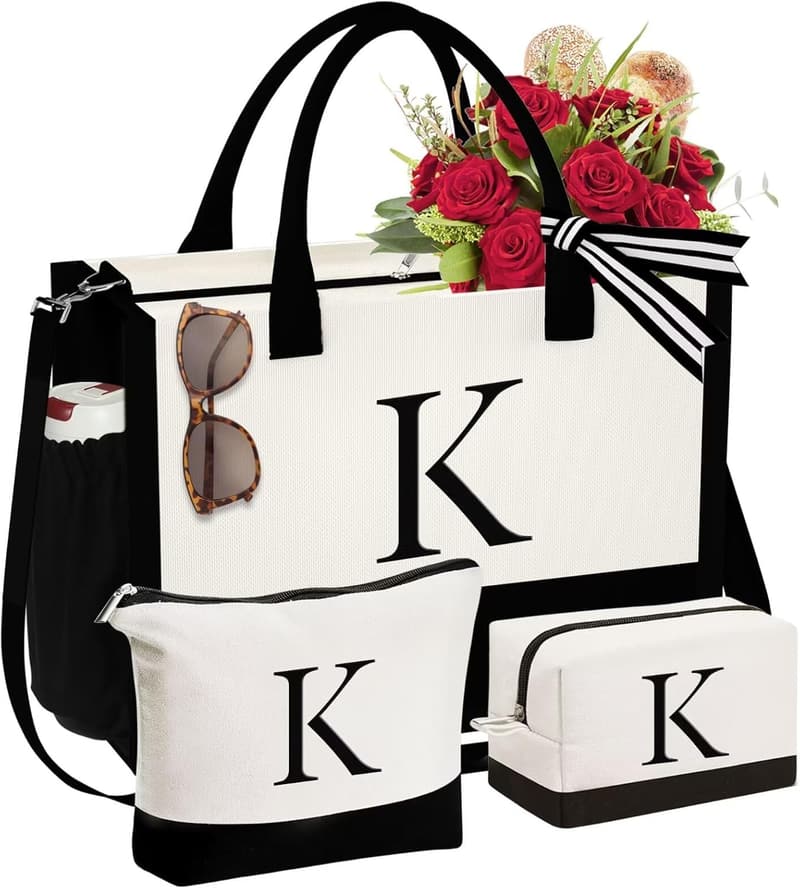 Birthday Gifts for Women: Initial Canvas Tote & Makeup Bag