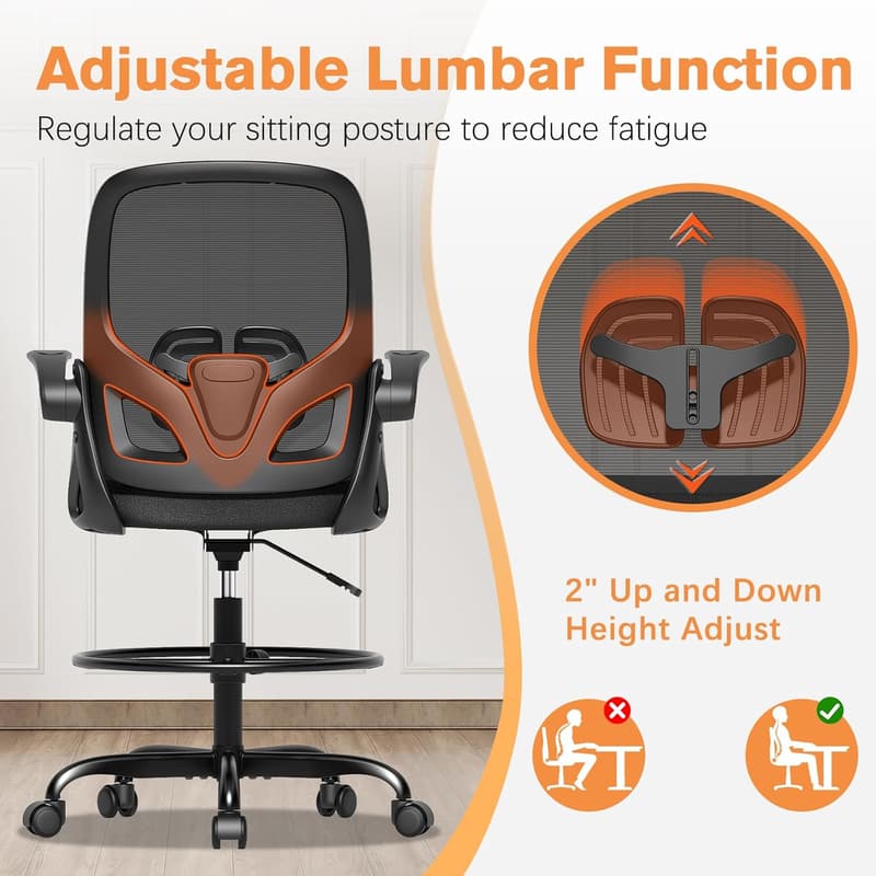 Ergonomic Drafting Chair with Lumbar Support and Footrest