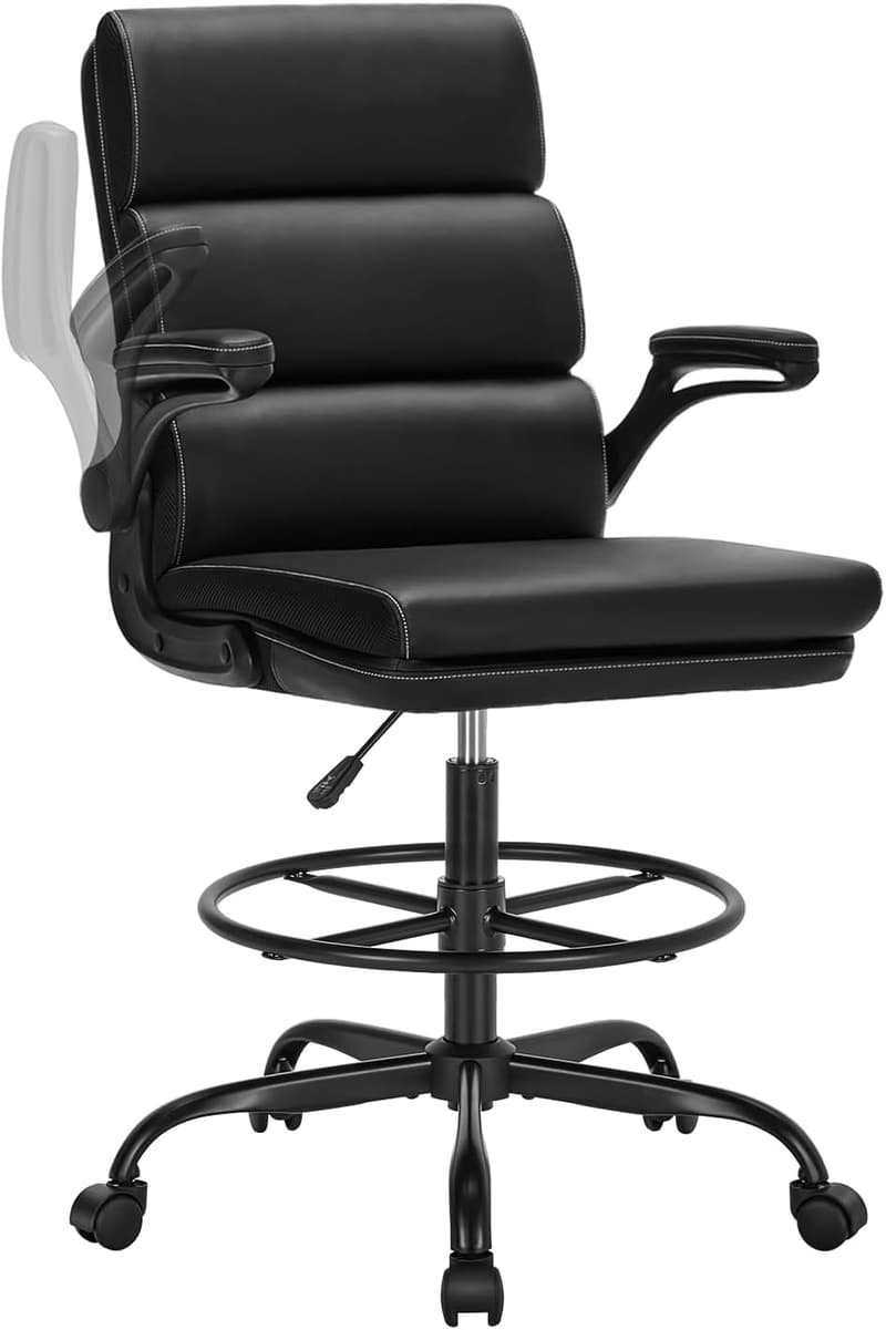 Ergonomic Black Drafting Chair with Padded Flip-up Armrests
