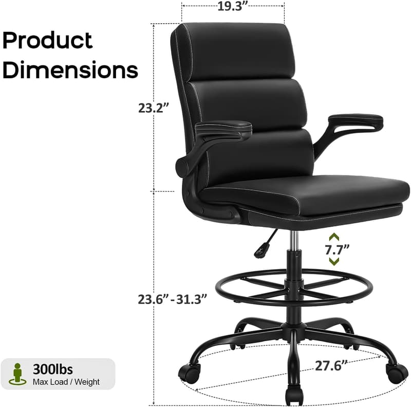 Ergonomic Black Drafting Chair with Padded Flip-up Armrests