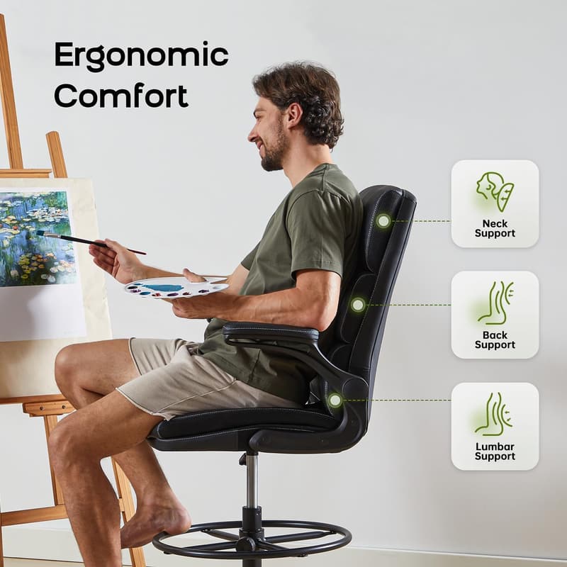 Ergonomic Black Drafting Chair with Padded Flip-up Armrests
