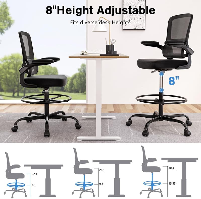 Ergonomic Tall Office Drafting Chair with Footrest and Mesh Support