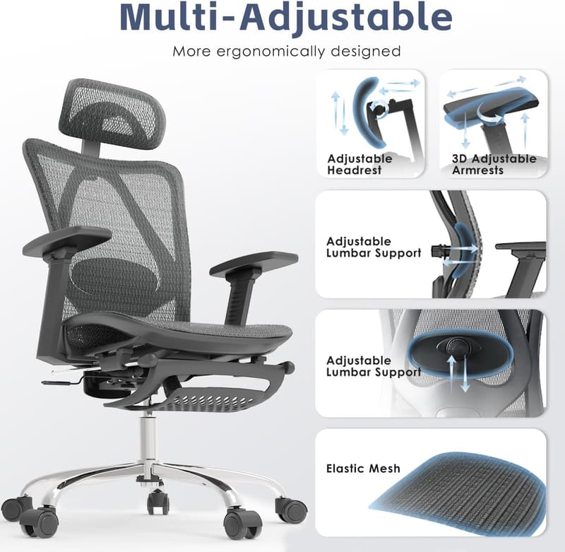 Ergonomic Office Chair with Adjustable Lumbar Support and Footrest