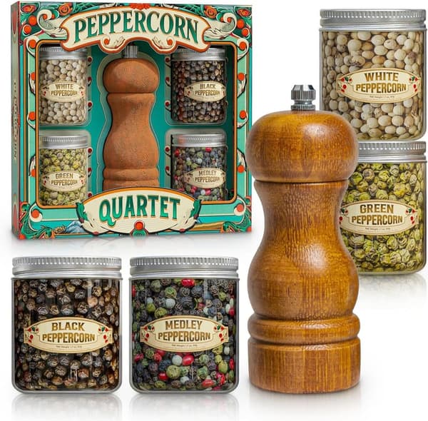 Gourmet Peppercorn Gift Set with Wooden Mill - 4 Varieties