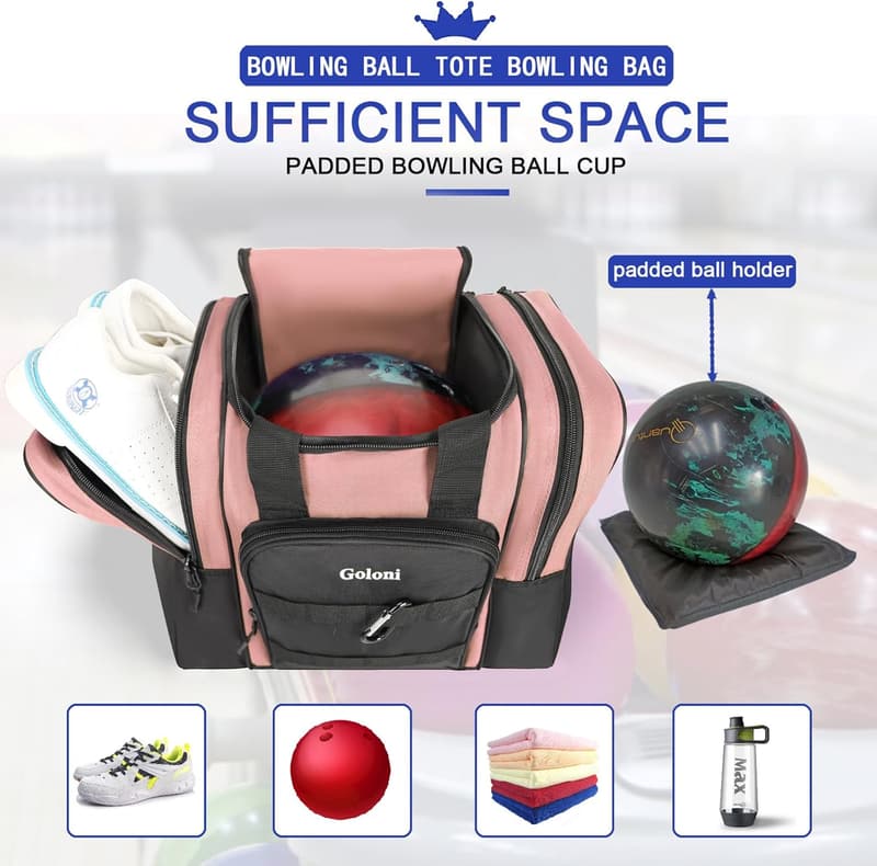 Bowling Ball Bag with Padded Holder & 2 Pockets for Size 14 Shoes