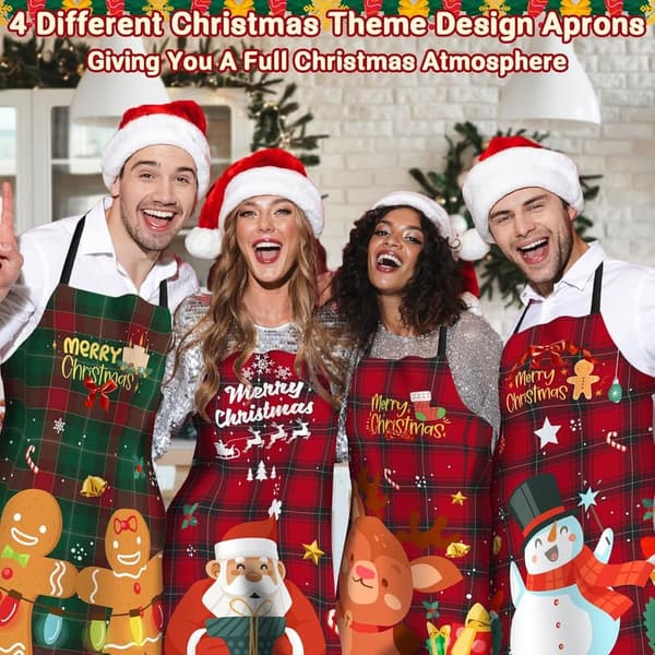 Funny Christmas Kitchen Aprons - Waterproof & Adjustable, 4 Pack