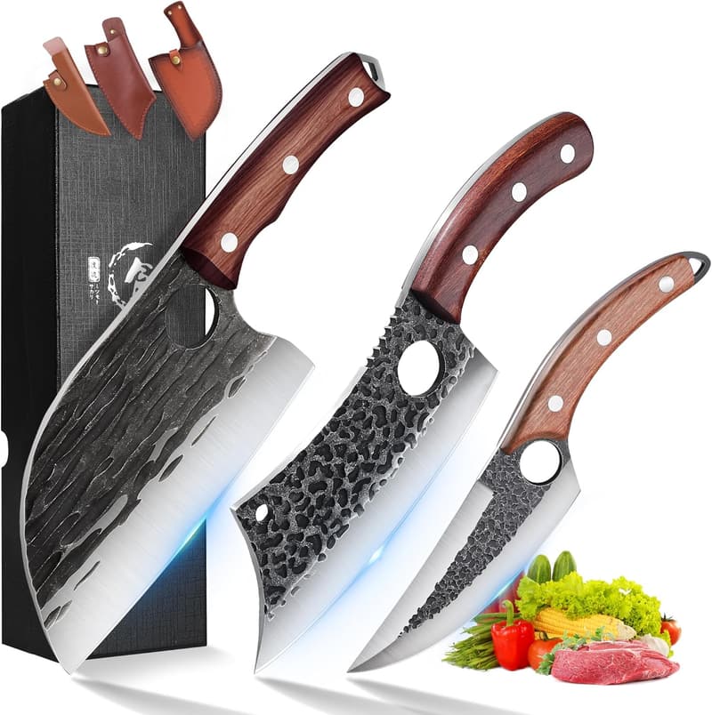 Serbian Chef Knife Set - 3PCS Butcher Cleavers for BBQ & Camping