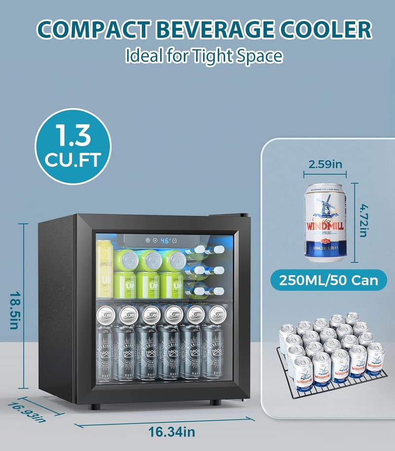 1.3 Cu.ft Mini Beverage Cooler with Glass Door and Temp Control