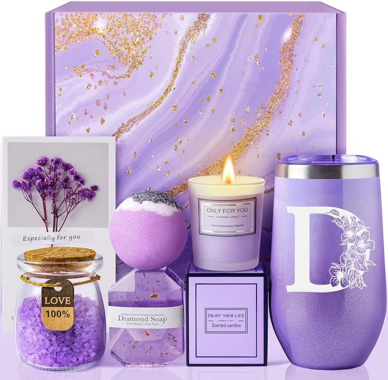 Birthday Spa Gift Basket with 20oz Initial Tumbler for Her