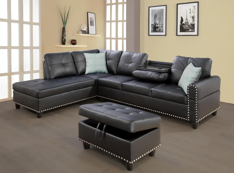 Modern L-Shaped Sectional Sofa with Chaise & Ottoman in Black