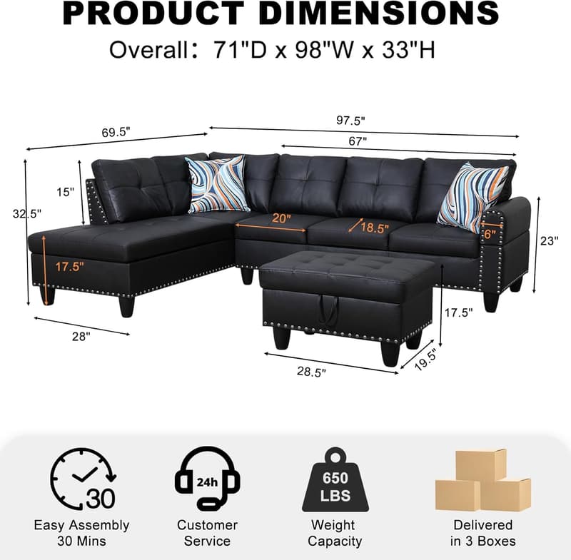Modern L-Shaped Sectional Sofa with Chaise & Ottoman in Black