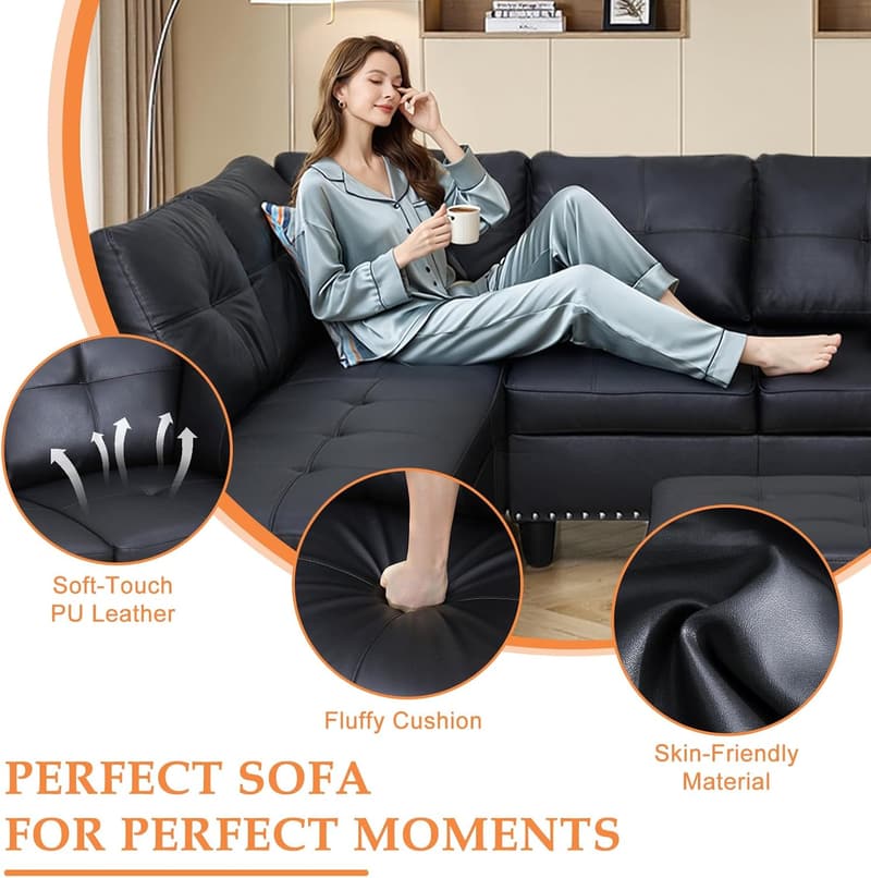 Modern L-Shaped Sectional Sofa with Chaise & Ottoman in Black
