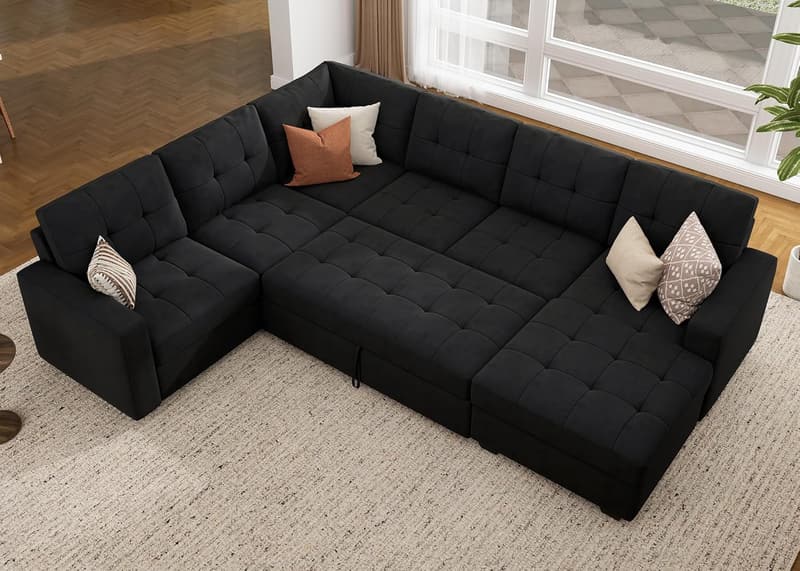 Velvet Black Sectional Sleeper Sofa with Storage Chaise