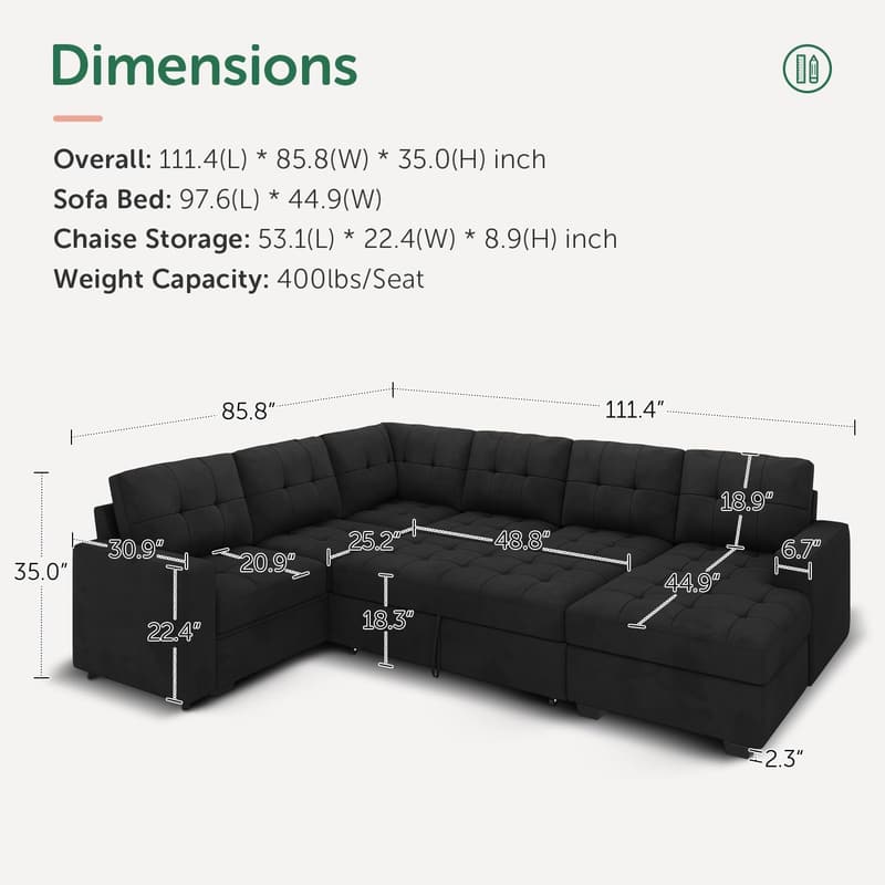 Velvet Black Sectional Sleeper Sofa with Storage Chaise