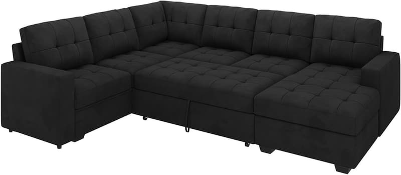 Velvet Black Sectional Sleeper Sofa with Storage Chaise
