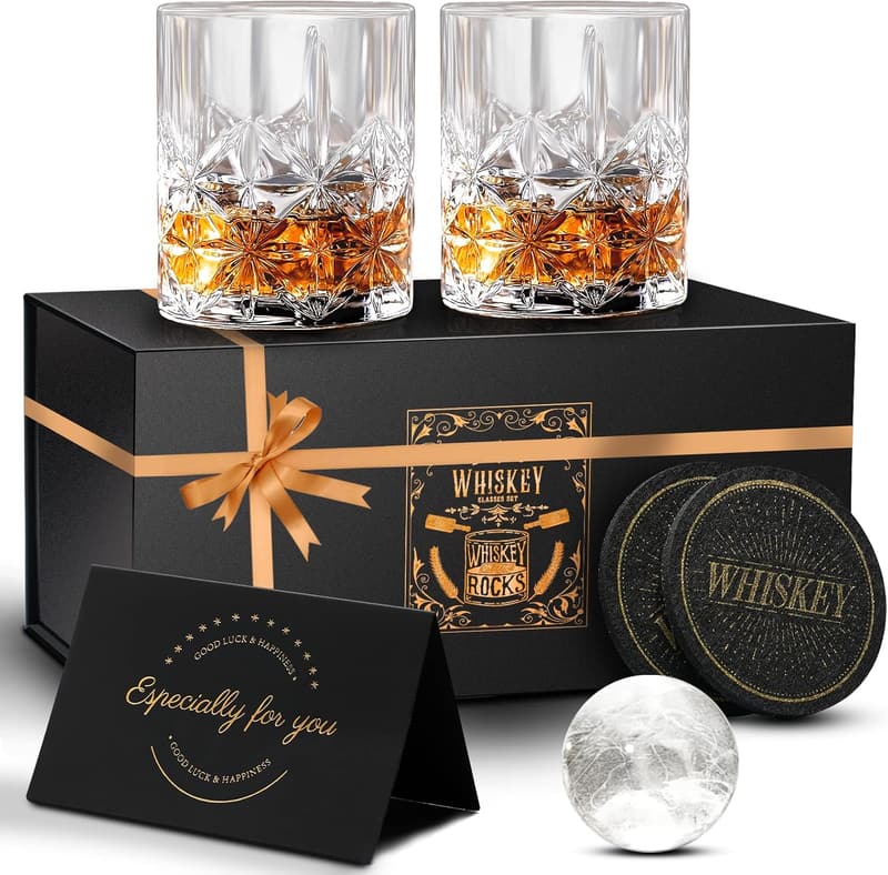 Whiskey Glasses Set of 2 with Ice Molds - 11 OZ Old Fashioned